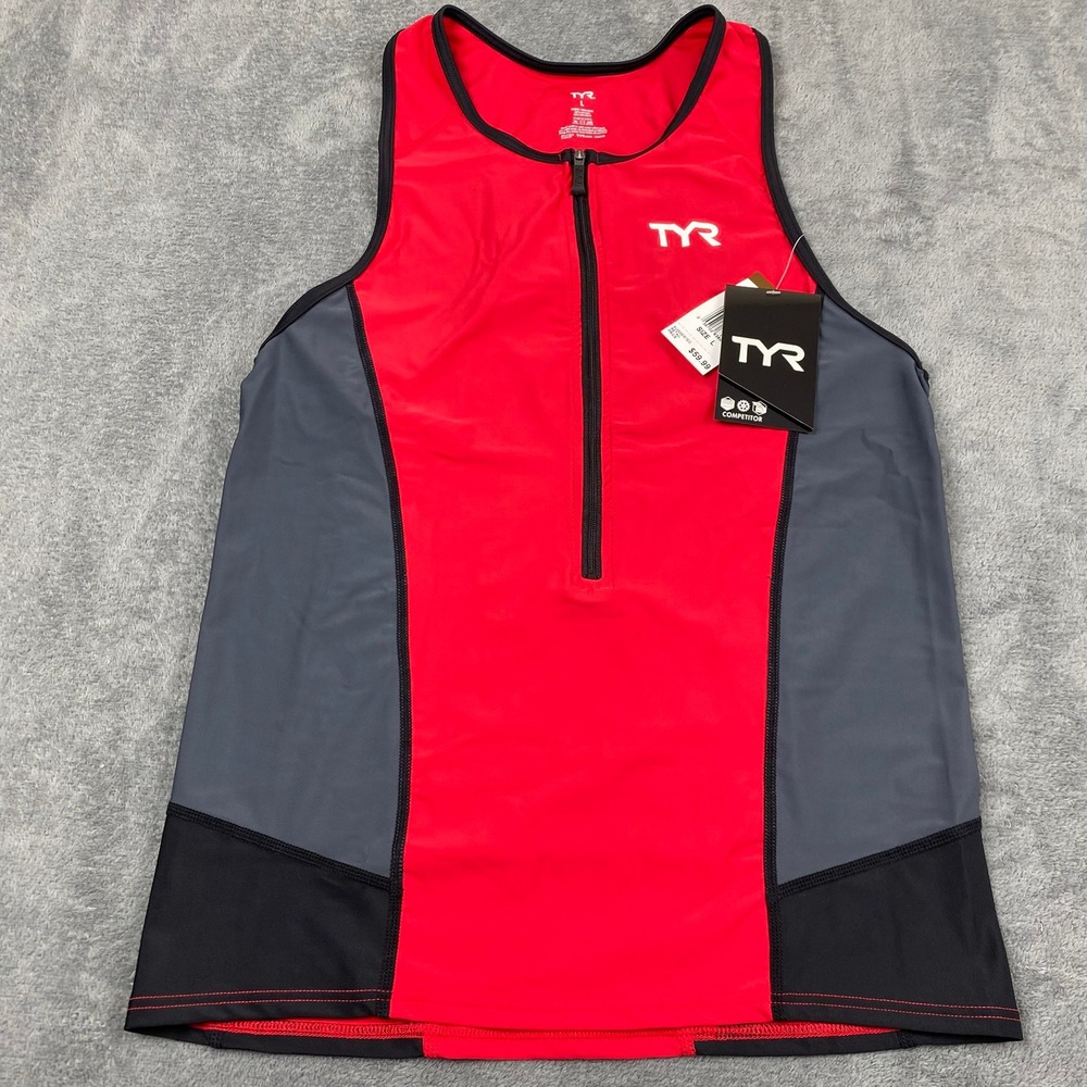 TYR Women L Tri Tank Cycling Jersey Bike Shirt Bicycle Red Competitor Half Zip